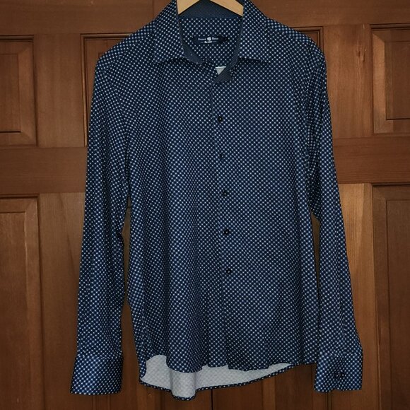 STONE ROSE Fitted White Dot on Navy Cotton L/S size Large - Picture 1 of 3